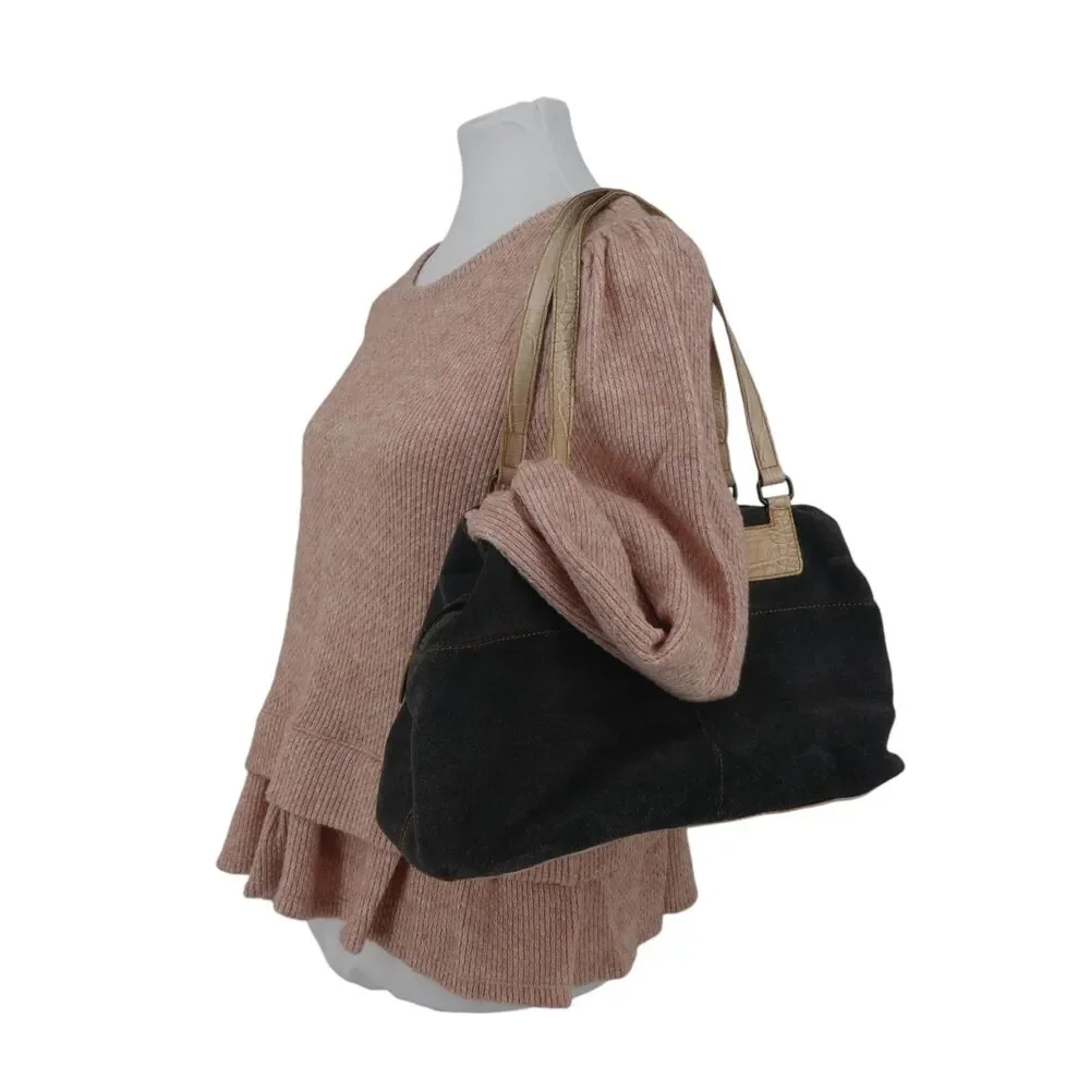 Sanpo Gray Suede Ostrich Leather Satchal Handbag Purse‎